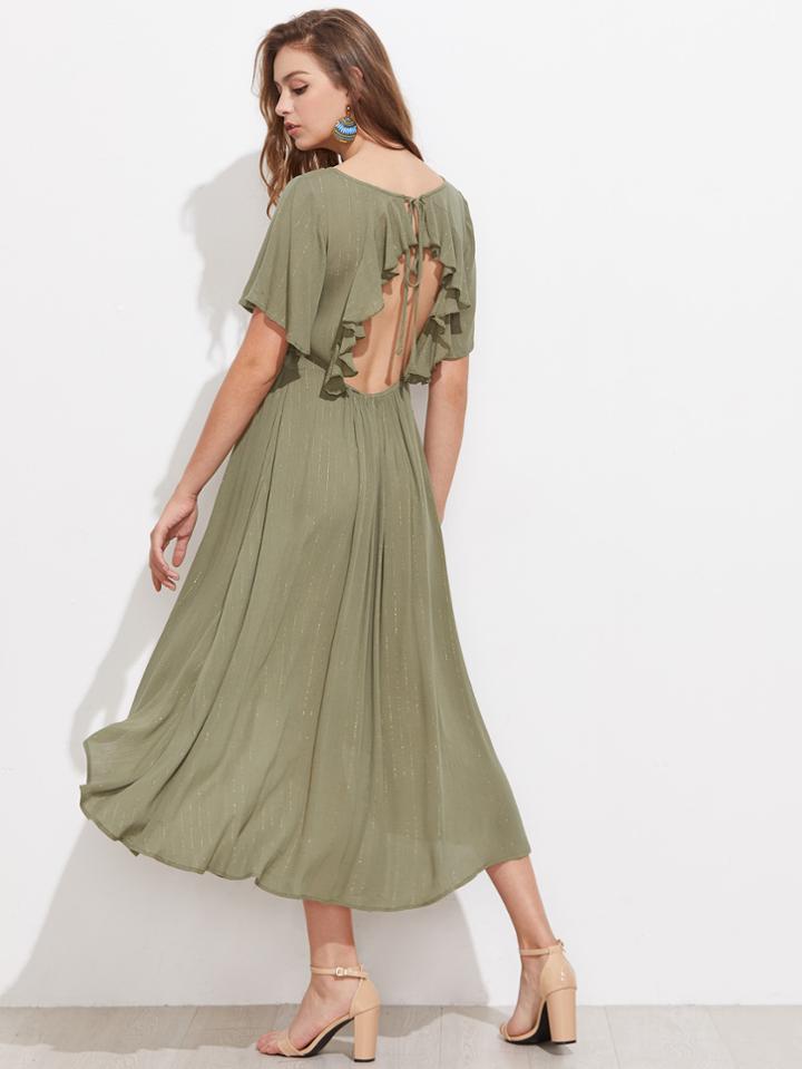 Shein Flutter Sleeve Open Back Gold Thread Dress