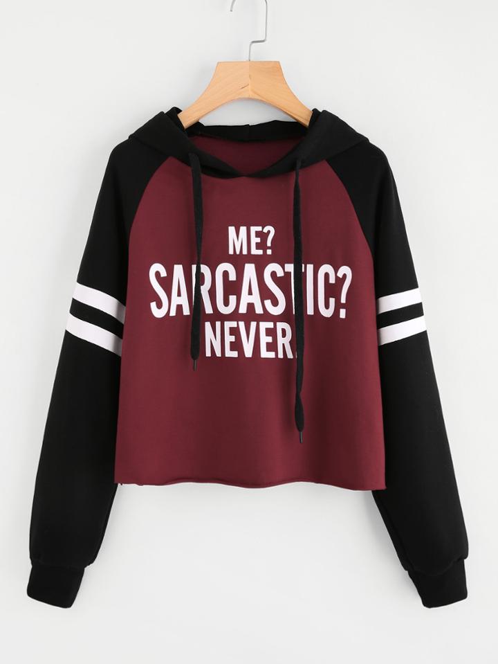 Shein Varsity Striped Raglan Sleeve Raw Cut Hoodie