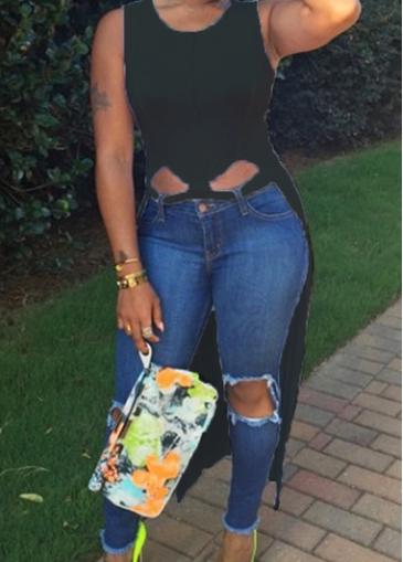 Rosewe Cutout Waist Black Sleeveless High Low T Shirt