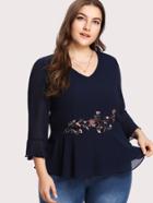 Shein Flounce Sleeve Embroidery Front Peplum Blouse
