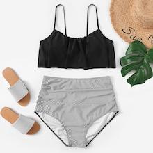 Shein Plus Ruched Striped Flounce Bikini Set