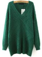 Shein Green V Neck Mohair Loose Sweater