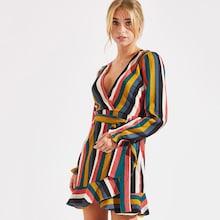 Shein Plunging Neck Tie Waist Wrap Striped Dress
