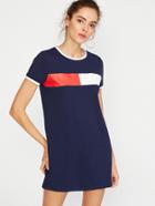 Shein Navy Contrast Trim Printed Short Sleeve Tee Dress