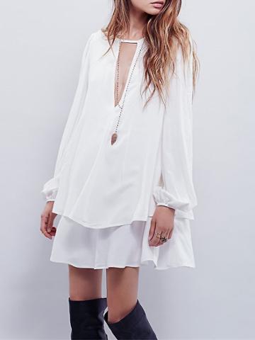 Shein Whites Chemise Long Sleeve Lovely Sweet Mature Adorable Double Layers Chiffon Blouse