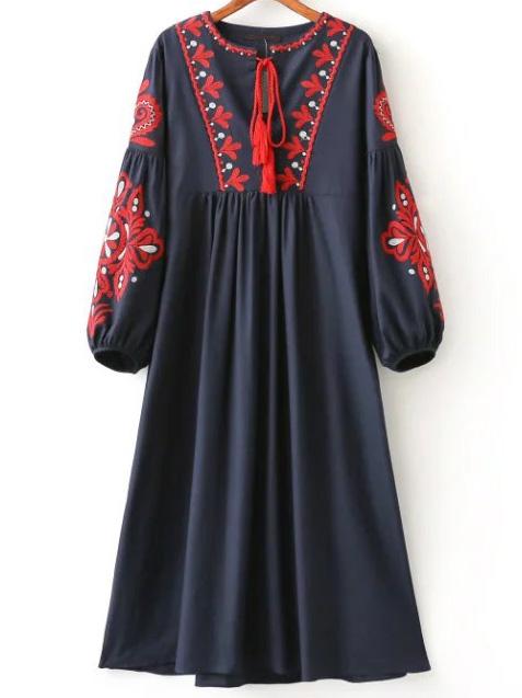 Shein Navy Embroidery Tassle Tie Midi Dress