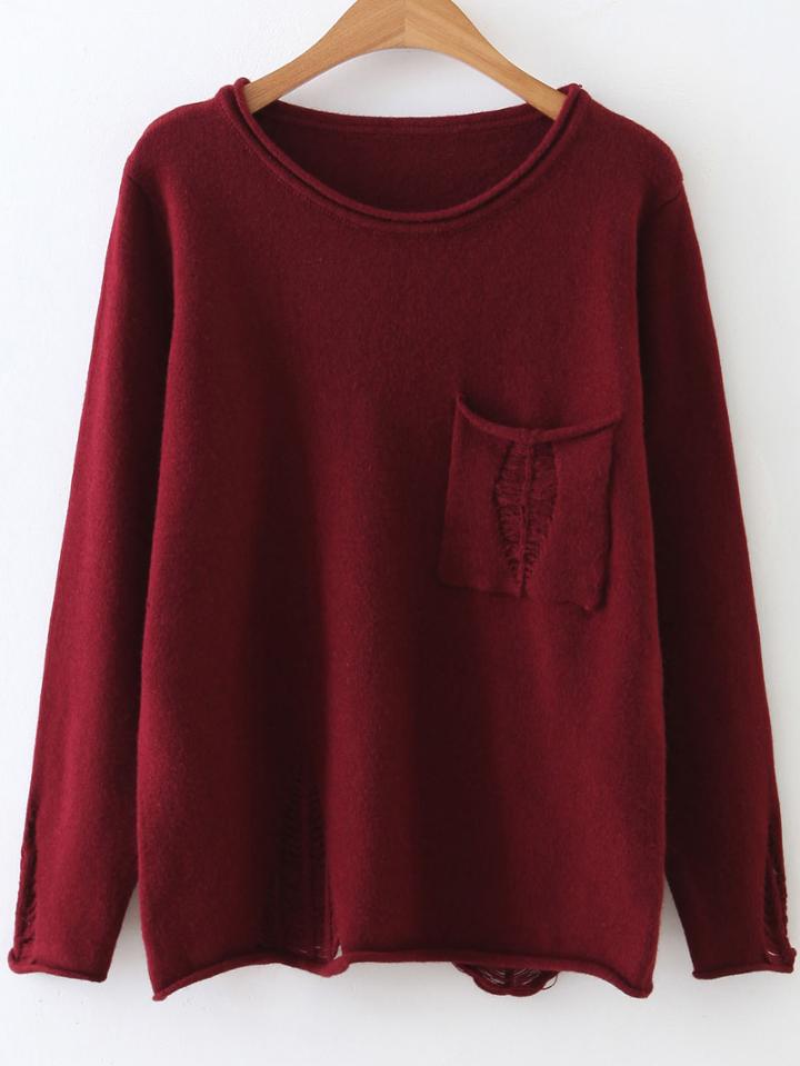 Shein Burgundy Rolled Trim Ripped Knitwear With Pocket