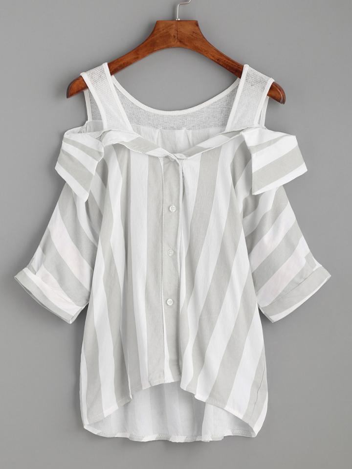 Shein Grey Vertical Striped Button Front Cold Shoulder Blouse