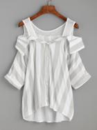 Shein Grey Vertical Striped Button Front Cold Shoulder Blouse