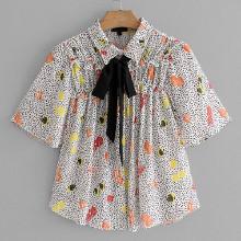 Shein Frill Trim Tie Neck Print Shirt