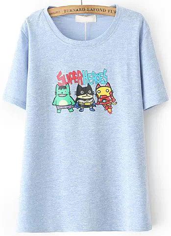 Shein Blue Cartoon Super Heroes Print T-shirt