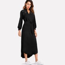 Shein Curved Hem Pearl Beaded Self Tie Waist Dress