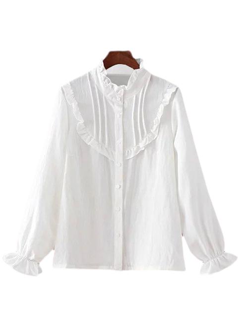 Shein White Buttons Ruffle Neck Lantern Sleeve Blouse