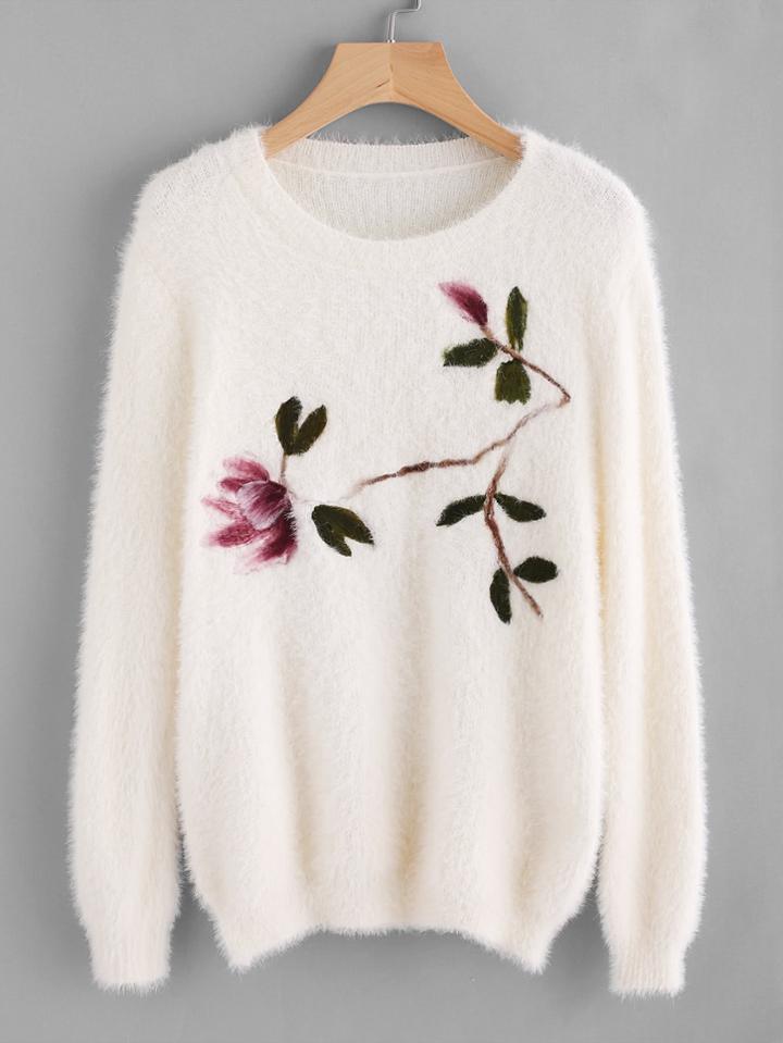 Shein Botanical Embroidered Fluffy Sweater
