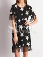 Shein Black Stars Print Fringe Hem Dress