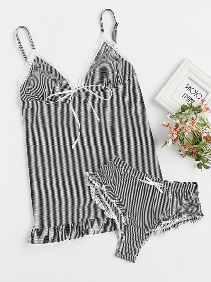 Shein Lace Trim Ruffle Cami And Panty Pajama Set