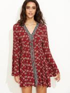 Shein Burgundy Print Contrast V Neck Bell Sleeve Dress