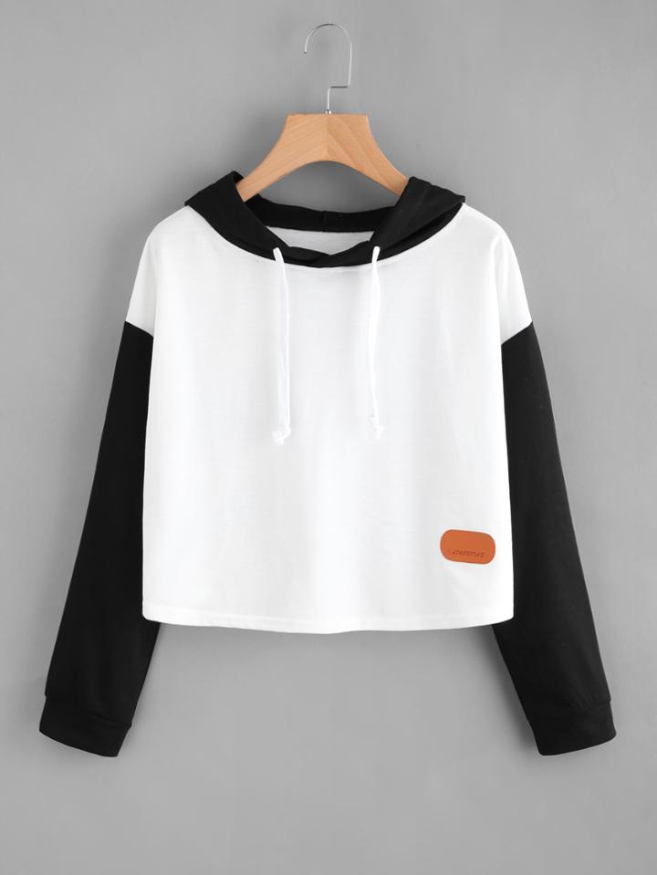 Shein Contrast Sleeve Drop Shoulder Crop Hoodie