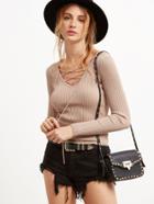 Shein Khaki Lace Up V Neck Ribbed Slim Fit Sweater