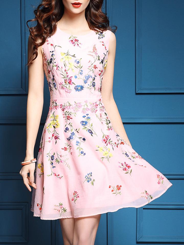 Shein Pink Flowers Embroidered A-line Dress