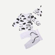 Shein Toddler Boys Cloud Print Tee And Pants With Hat