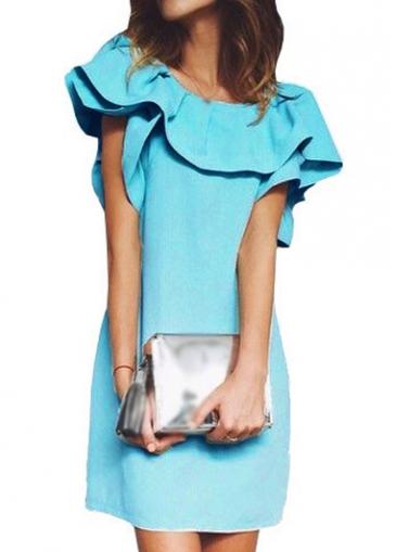 Rosewe Blue Round Neck Straight Mini Dress