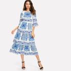 Shein Floral Print Ruffle Sleeve Tiered Dress
