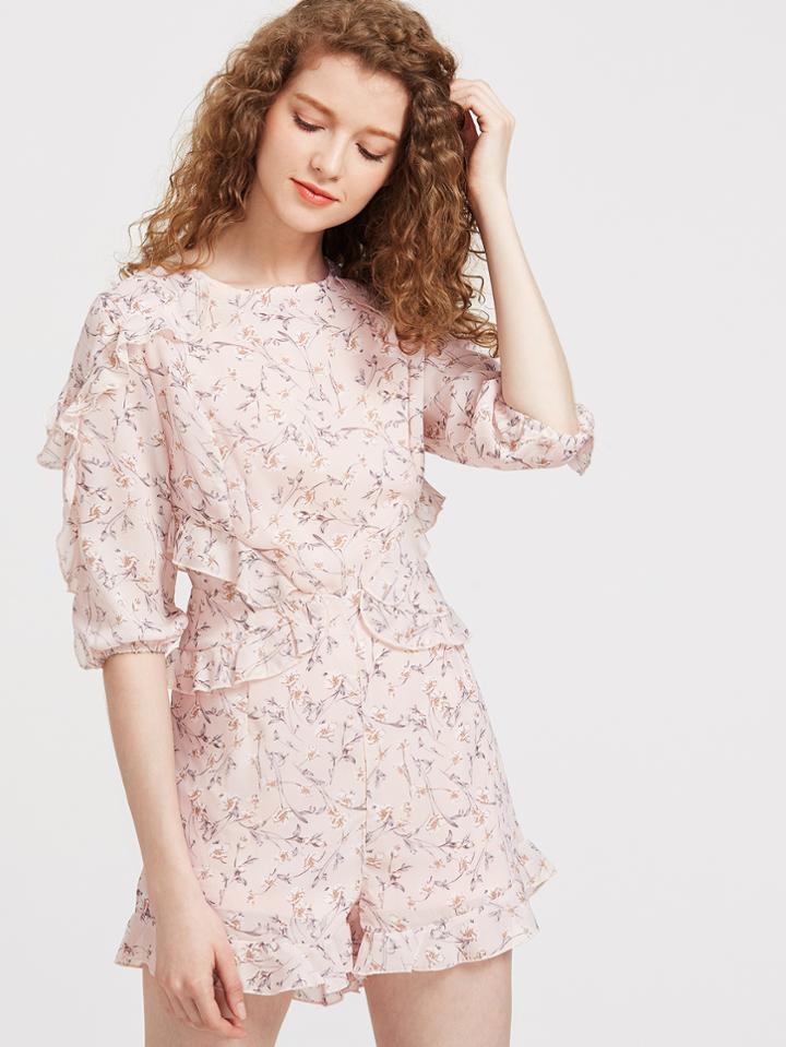 Shein Floral Ruffle Trim Romper