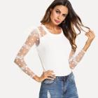 Shein Frilled Dot Mesh Sleeve Ribbed Knit Tee