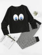 Shein Eye Print Top And Striped Sweatpants Pajama Set