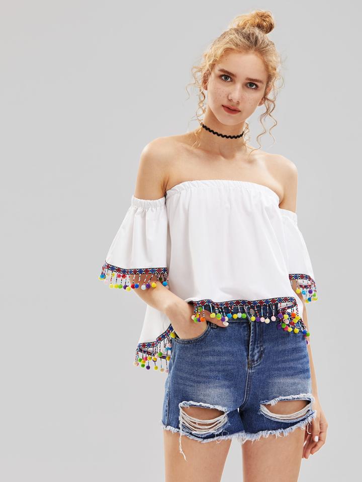 Shein Bardot Embroidered Tape Detail Pom Pom Top