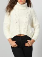 Shein White High Neck Cable Knit Crop Sweater