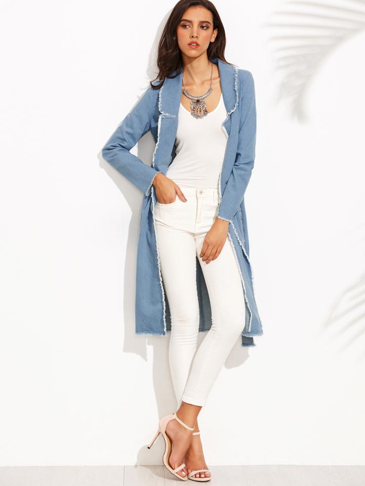 Shein Blue Lapel Raw Trim Tie Waist Long Outerwear