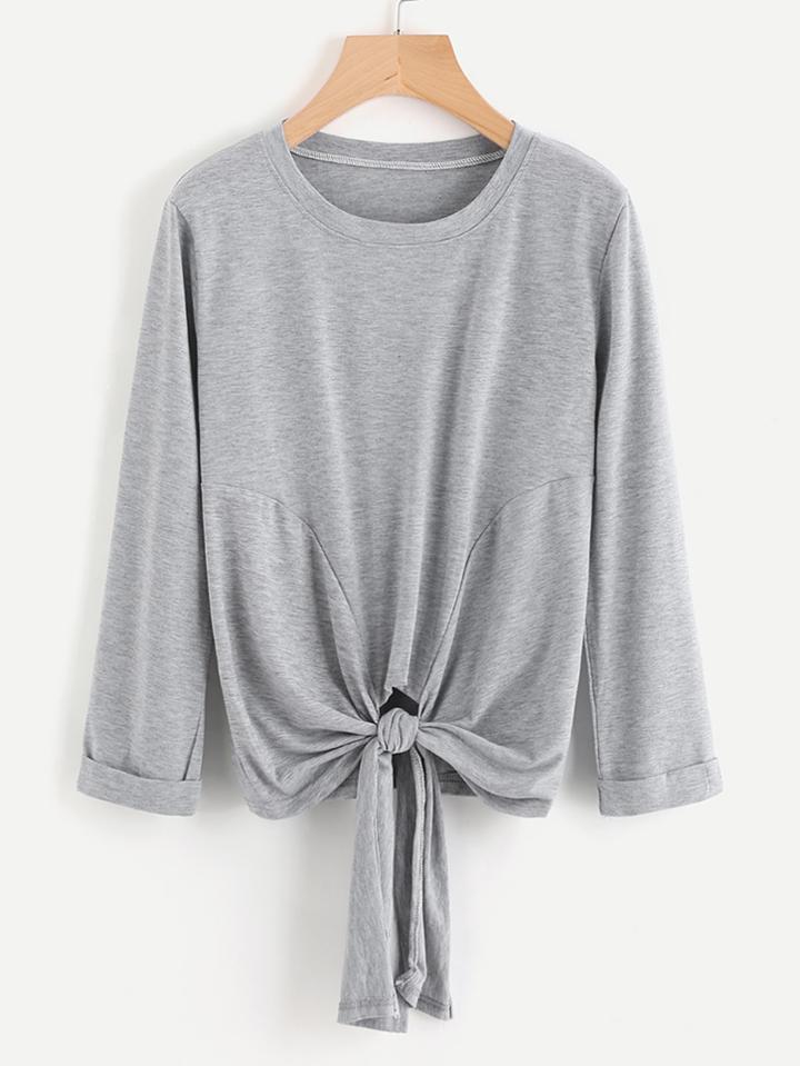 Shein Knotted Hem Cuffed Marled T-shirt