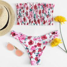Shein Floral Print Frill Trim Shirred Bikini Set