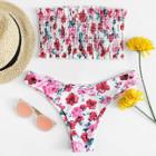 Shein Floral Print Frill Trim Shirred Bikini Set
