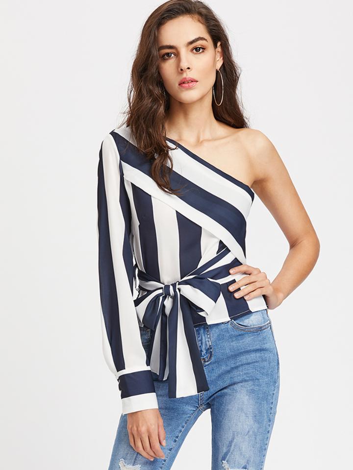 Shein Oblique Shoulder Color Block Top With Bow Tie