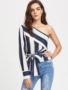 Shein Oblique Shoulder Color Block Top With Bow Tie