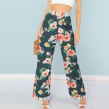 Shein Striped Waist And Hem Floral Pants