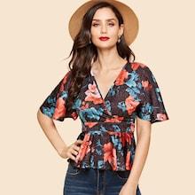 Shein Knot Overlap Back Floral Peplum Blouse