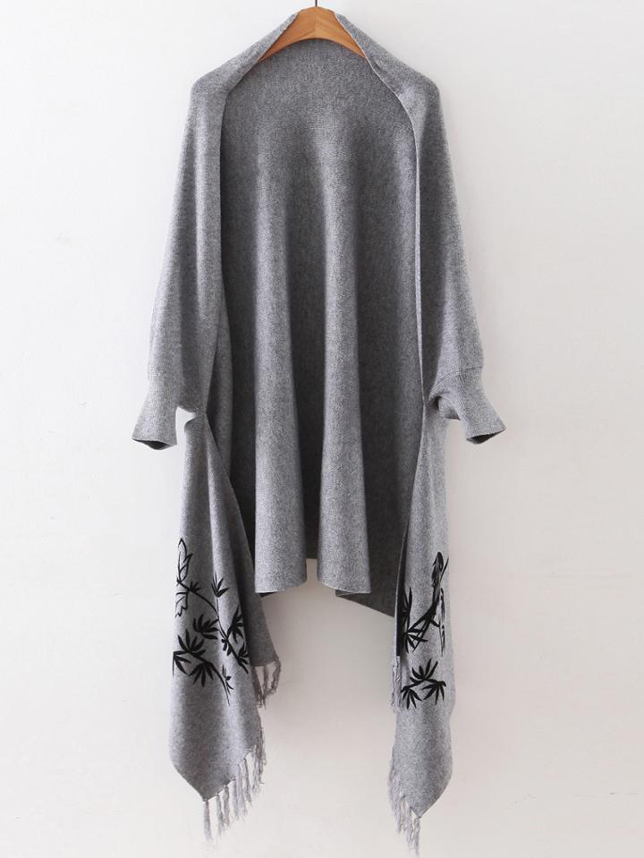 Shein Grey Graphic Pattern Fringe Poncho Sweater