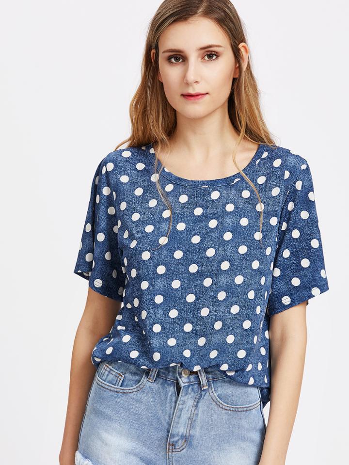 Shein Polka Dot Print Distressed Denim Look Tee