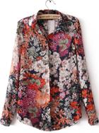 Shein Red Lapel Long Sleeve Vintage Floral Blouse