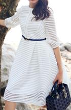 Shein White Half Sleeve Hollow Striped Flare Dress