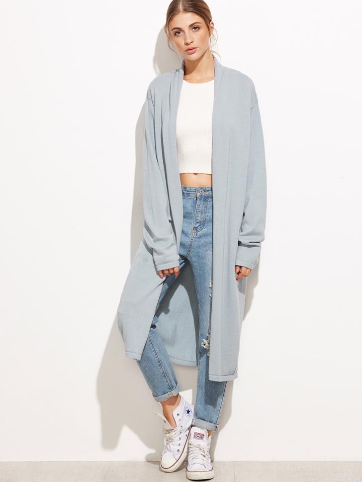 Shein Blue Drop Shoulder Open Front Long Cardigan
