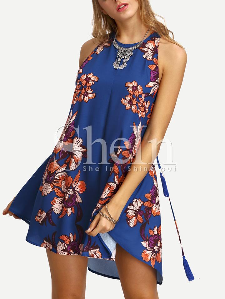 Shein Floral Print In Blue Cut-out Side Shift Dress