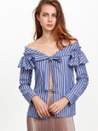 Shein Blue Striped Tie Front Off The Shoulder Ruffle Blouse