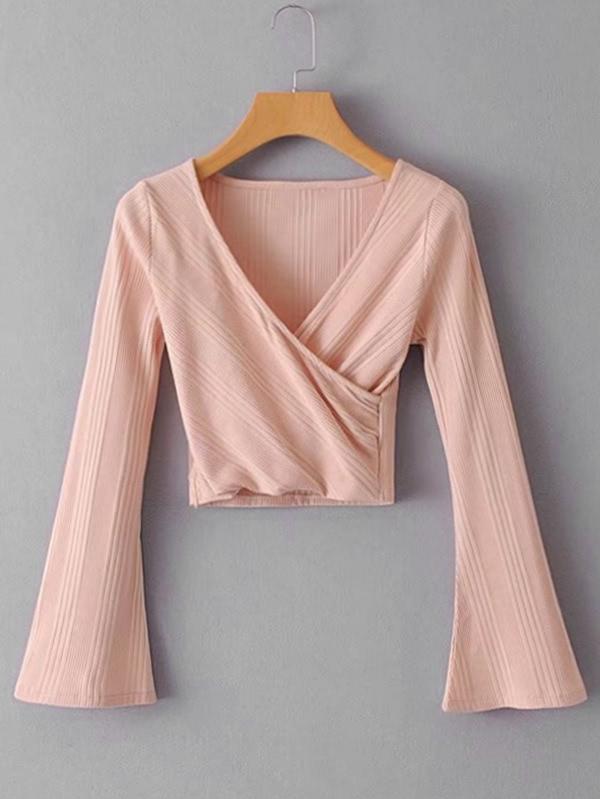 Shein Bell Sleeve Surplice Crop Top