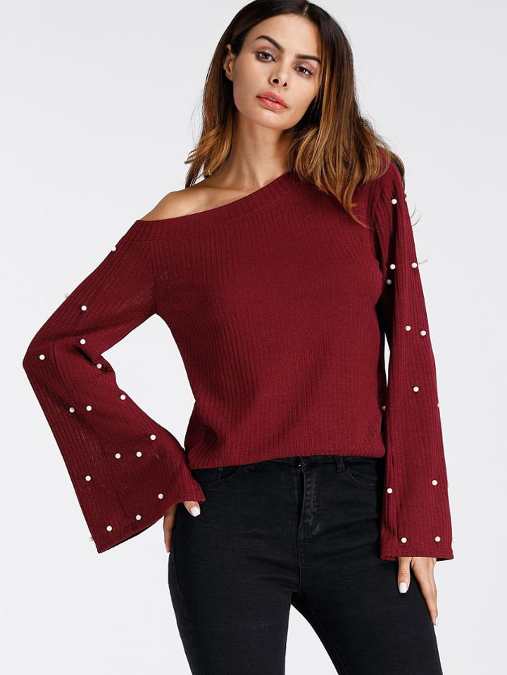 Shein Bell Sleeve Pearl Beaded Sweater