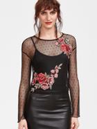 Shein Black Embroidered Rose Applique Dotted Mesh Top With Cami